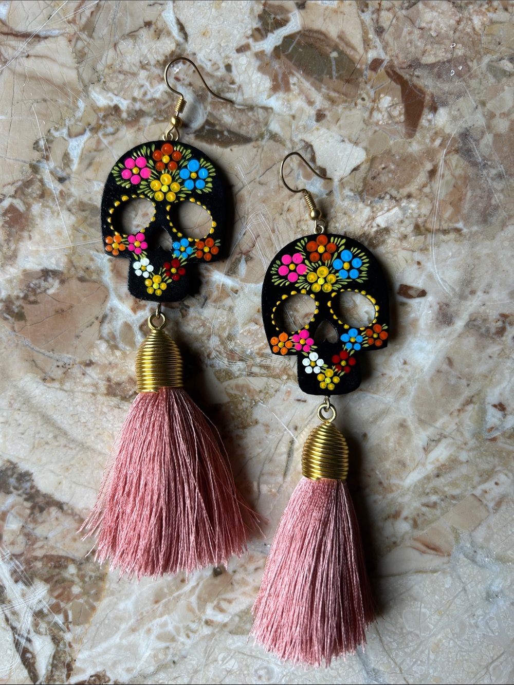 Mexican Pink Tassel Black Sugar Skull Earrings with Colorful Floral Accents